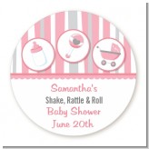 Shake, Rattle & Roll Pink - Round Personalized Baby Shower Sticker Labels