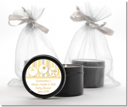 Shake, Rattle & Roll Yellow - Baby Shower Black Candle Tin Favors