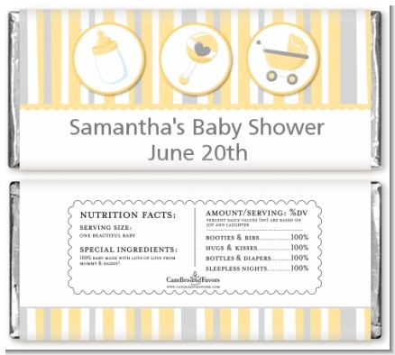 Shake, Rattle & Roll Yellow - Personalized Baby Shower Candy Bar Wrappers