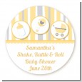 Shake, Rattle & Roll Yellow - Round Personalized Baby Shower Sticker Labels thumbnail