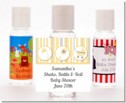 Shake, Rattle & Roll Yellow - Personalized Baby Shower Hand Sanitizers Favors