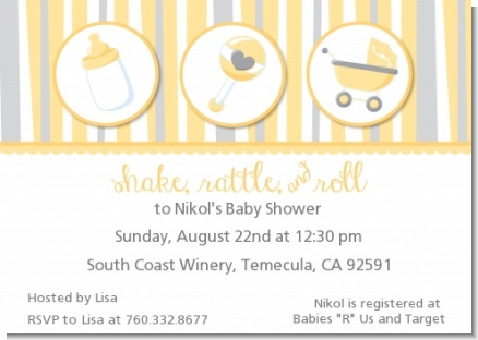 Shake, Rattle & Roll Yellow - Baby Shower Invitations