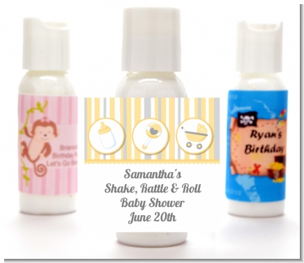 Shake, Rattle & Roll Yellow - Personalized Baby Shower Lotion Favors