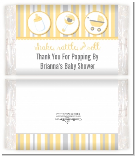 Shake, Rattle & Roll Yellow - Personalized Popcorn Wrapper Baby Shower Favors