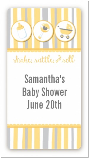 Shake, Rattle & Roll Yellow - Custom Rectangle Baby Shower Sticker/Labels