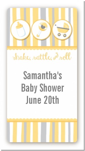 Shake, Rattle & Roll Yellow - Custom Rectangle Baby Shower Sticker/Labels