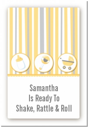 Shake, Rattle & Roll Yellow - Custom Large Rectangle Baby Shower Sticker/Labels