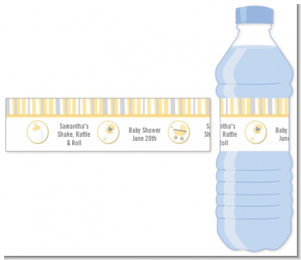 Shake, Rattle & Roll Yellow - Personalized Baby Shower Water Bottle Labels