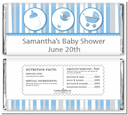 Shake, Rattle & Roll Blue - Personalized Baby Shower Candy Bar Wrappers