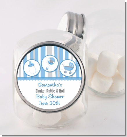 Shake, Rattle & Roll Blue - Personalized Baby Shower Candy Jar