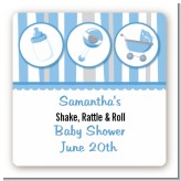 Shake, Rattle & Roll Blue - Square Personalized Baby Shower Sticker Labels