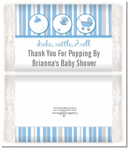 Shake, Rattle & Roll Blue - Personalized Popcorn Wrapper Baby Shower Favors