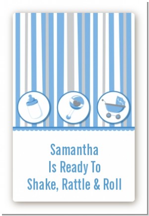 Shake, Rattle & Roll Blue - Custom Large Rectangle Baby Shower Sticker/Labels