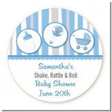 Shake, Rattle & Roll Blue - Round Personalized Baby Shower Sticker Labels