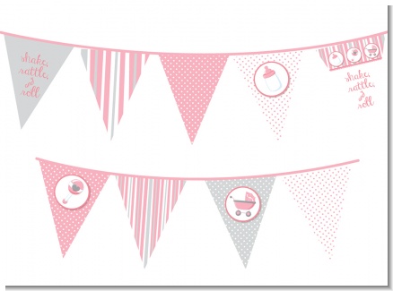 Shake, Rattle & Roll Pink - Baby Shower Themed Pennant Set