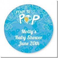 She's Ready To Pop Blue - Round Personalized Baby Shower Sticker Labels