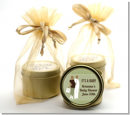 Silhouette Couple African American It's a Baby Neutral - Baby Shower Gold Tin Candle Favors