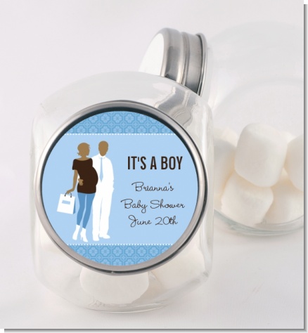 Silhouette Couple African American It's a Boy - Personalized Baby Shower Candy Jar