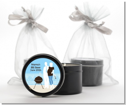 Silhouette Couple BBQ Boy - Baby Shower Black Candle Tin Favors