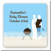 Silhouette Couple BBQ Boy - Square Personalized Baby Shower Sticker Labels