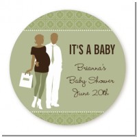 Silhouette Couple African American It's a Baby Neutral - Round Personalized Baby Shower Sticker Labels