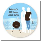 Silhouette Couple BBQ Boy - Round Personalized Baby Shower Sticker Labels
