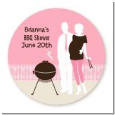 Silhouette Couple BBQ Girl - Round Personalized Baby Shower Sticker Labels