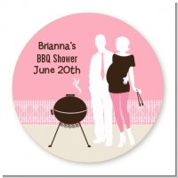 Silhouette Couple BBQ Girl - Round Personalized Baby Shower Sticker Labels