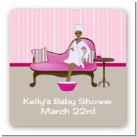 Spa Mom Pink African American - Square Personalized Baby Shower Sticker Labels