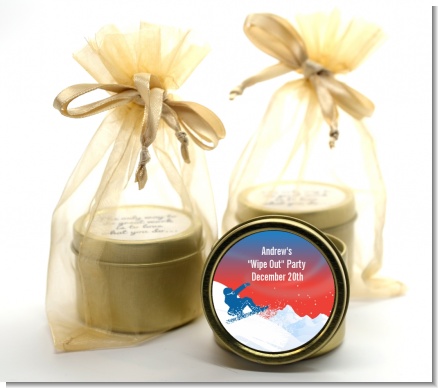 Snowboard - Birthday Party Gold Tin Candle Favors
