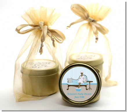 Spa Mom Blue African American - Baby Shower Gold Tin Candle Favors