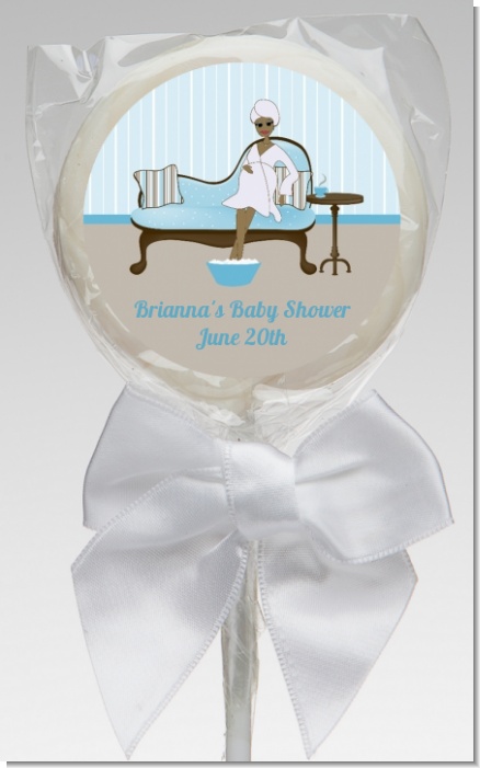 Spa Mom Blue African American - Personalized Baby Shower Lollipop Favors