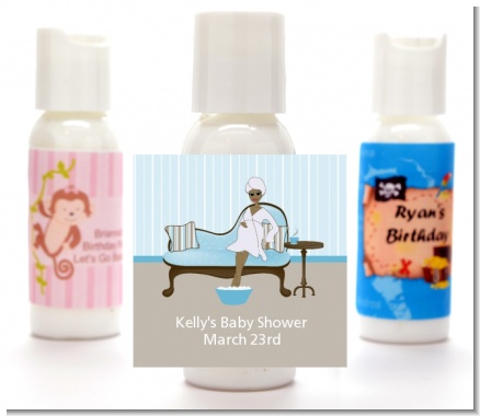 Spa Mom Blue African American - Personalized Baby Shower Lotion Favors
