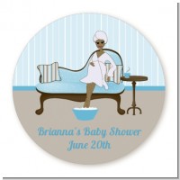 Spa Mom Blue African American - Round Personalized Baby Shower Sticker Labels