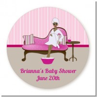 Spa Mom Pink African American - Round Personalized Baby Shower Sticker Labels