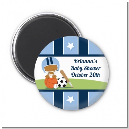 Sports Baby African American - Personalized Baby Shower Magnet Favors