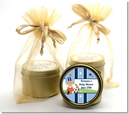 Sports Baby Hispanic - Baby Shower Gold Tin Candle Favors