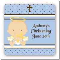 Angel Baby Boy Caucasian - Square Personalized Baptism / Christening Sticker Labels