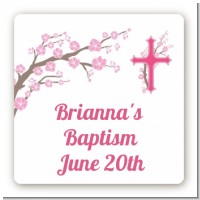 Cross Cherry Blossom - Square Personalized Baptism / Christening Sticker Labels