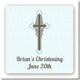 Cross Blue & Brown - Square Personalized Baptism / Christening Sticker Labels