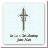 Cross Blue & Brown - Square Personalized Baptism / Christening Sticker Labels