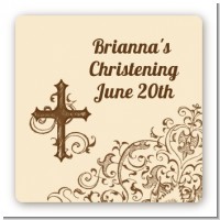 Cross Brown & Beige - Square Personalized Baptism / Christening Sticker Labels