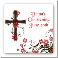 Cross Floral Blossom - Square Personalized Baptism / Christening Sticker Labels