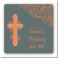 Cross Grey & Orange - Square Personalized Baptism / Christening Sticker Labels