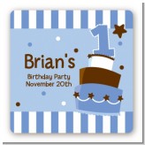 1st Birthday Topsy Turvy Blue Cake - Square Personalized Birthday Party Sticker Labels