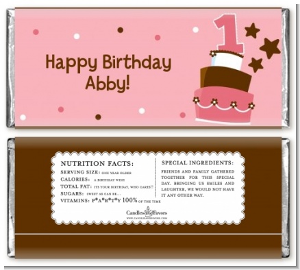 1st Birthday Topsy Turvy Pink Cake - Personalized Birthday Party Candy Bar Wrappers