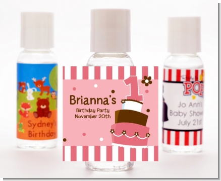 1st Birthday Topsy Turvy Pink Cake - Personalized Birthday Party Hand Sanitizers Favors