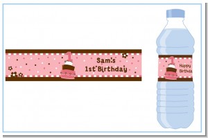1st Birthday Topsy Turvy Pink Cake - Personalized Birthday Party Water Bottle Labels