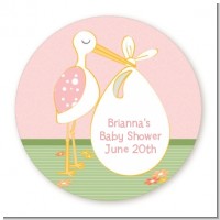 Stork It's a Girl - Round Personalized Baby Shower Sticker Labels