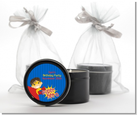 Superhero Boy - Birthday Party Black Candle Tin Favors